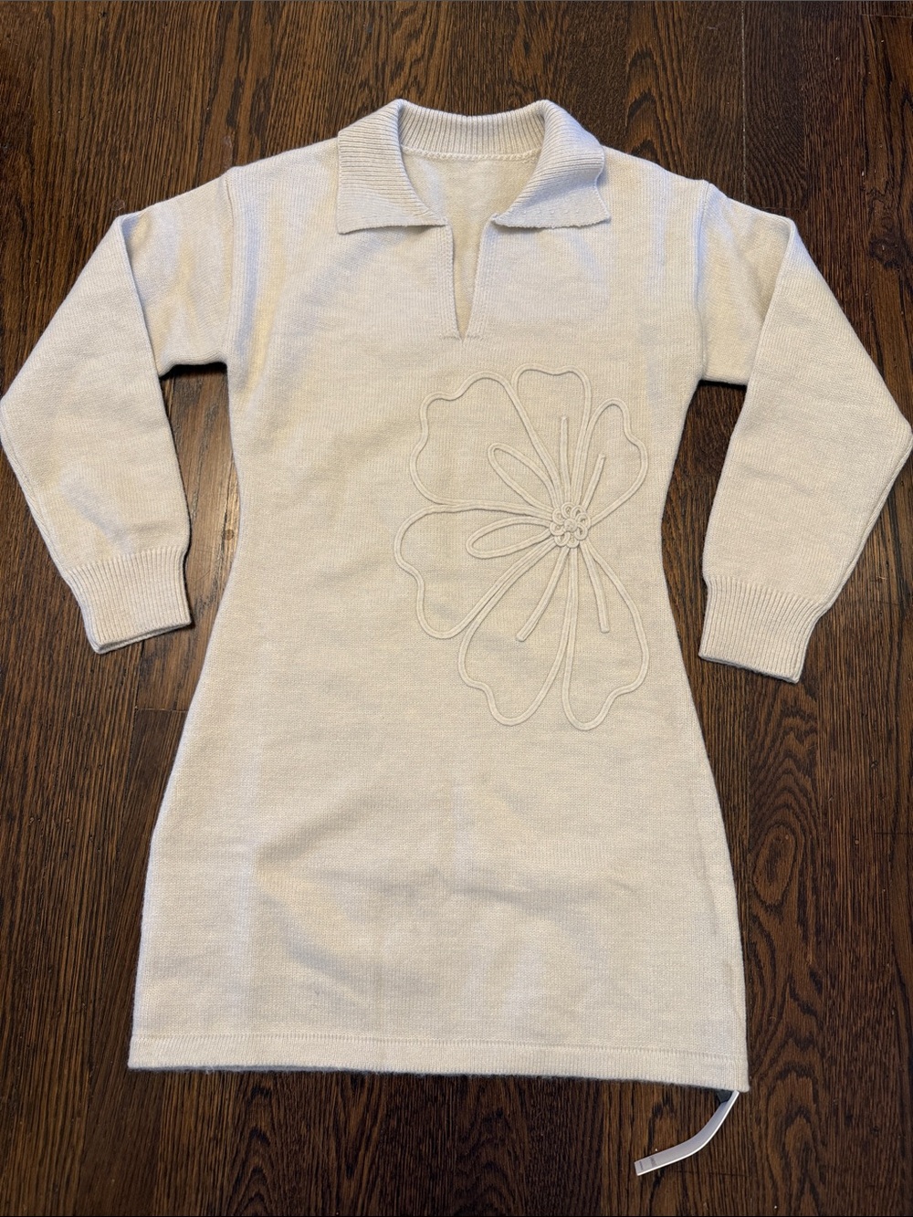Commense Cream Knit Polo Sweater Dress with Floral Appliqué